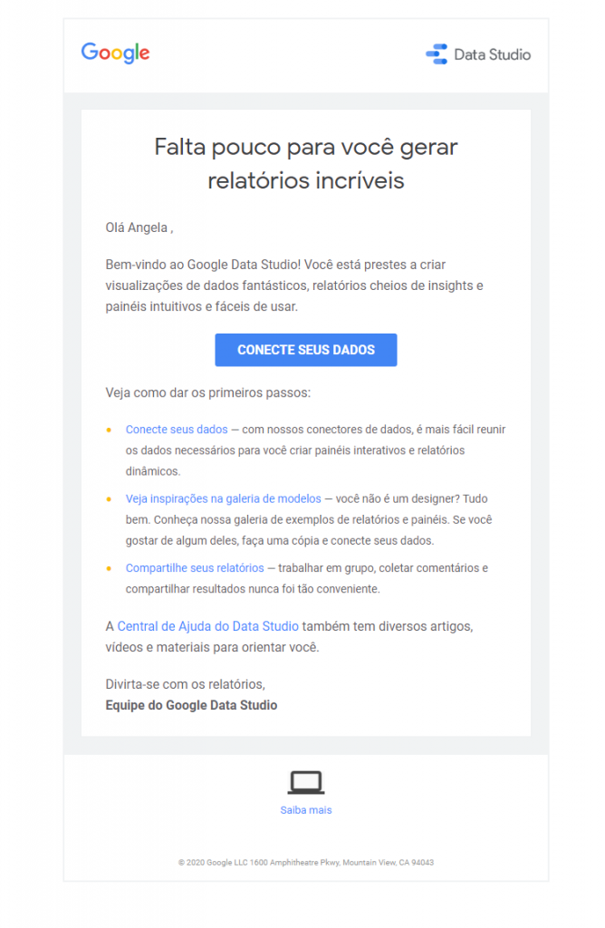 email boas vindas exemplo google data studio