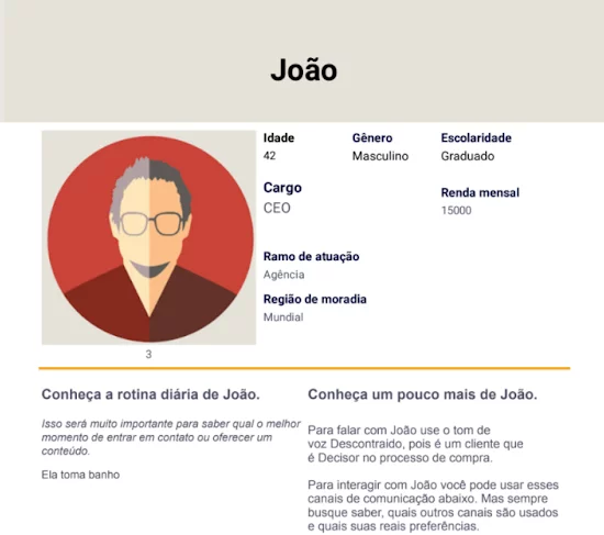 Exemplo de perfil visual de persona tem ilustração como foto de perfil e informações sobre cliente ideal, como nome, cargo e descrição de rotina