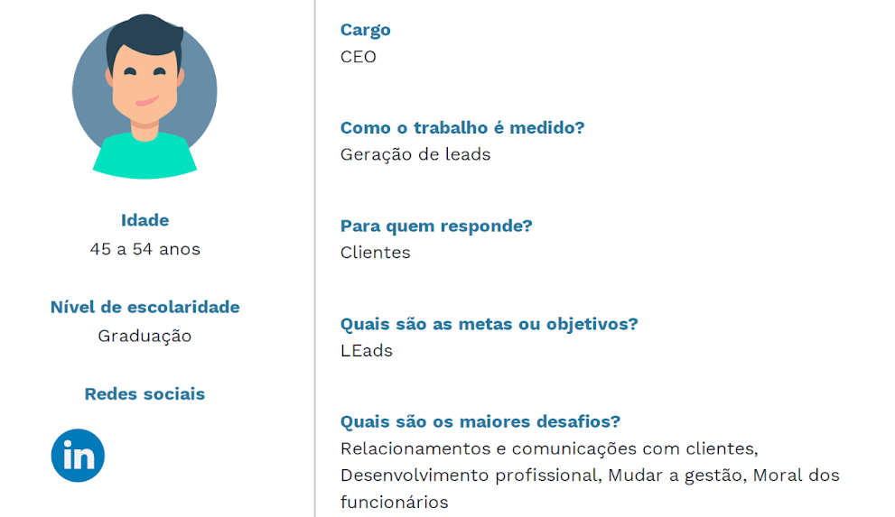 Exemplo de perfil visual de persona tem ilustração como foto de perfil e informações sobre cliente ideal, como nome, cargo e desafios