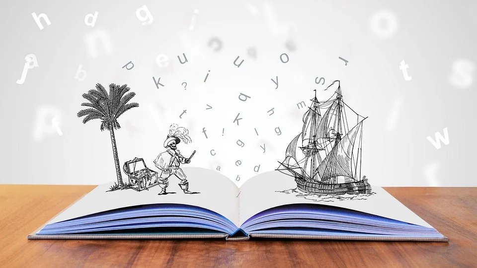 Imagem ilustrativa do que é storytelling mostra Livro aberto com imagem de pirata e navio saindo das páginas