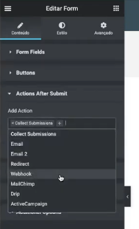 Para conectar o Elementor ao Mautic com n8n, selecione a opção Webhook no formulário do Elementor